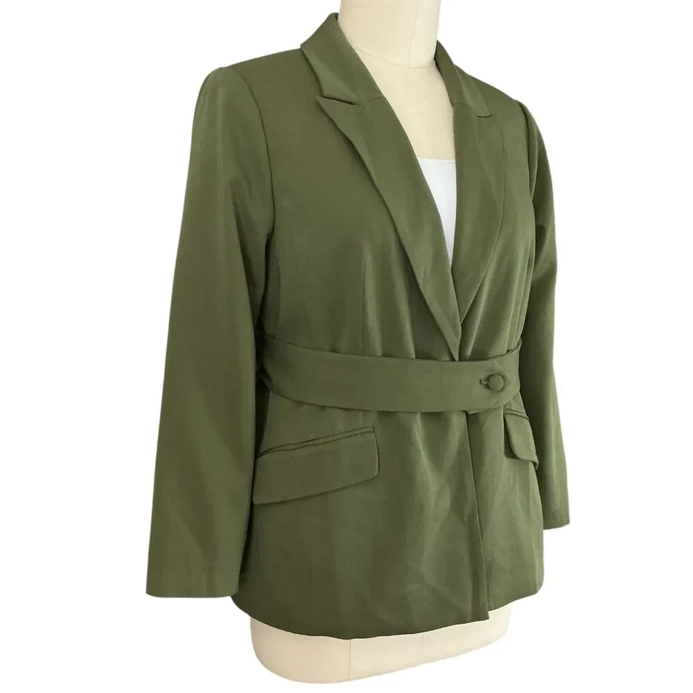 Eloquii Blazer Jacket sz 18 Army Green Belt Detail Peak Lapel Office Preppy NWT - Picture 3 of 12